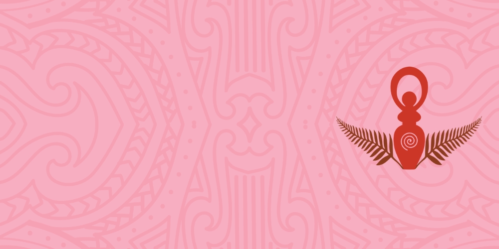 A Maori tribal design in red with the Red Tent Aoteroa image with ferns.